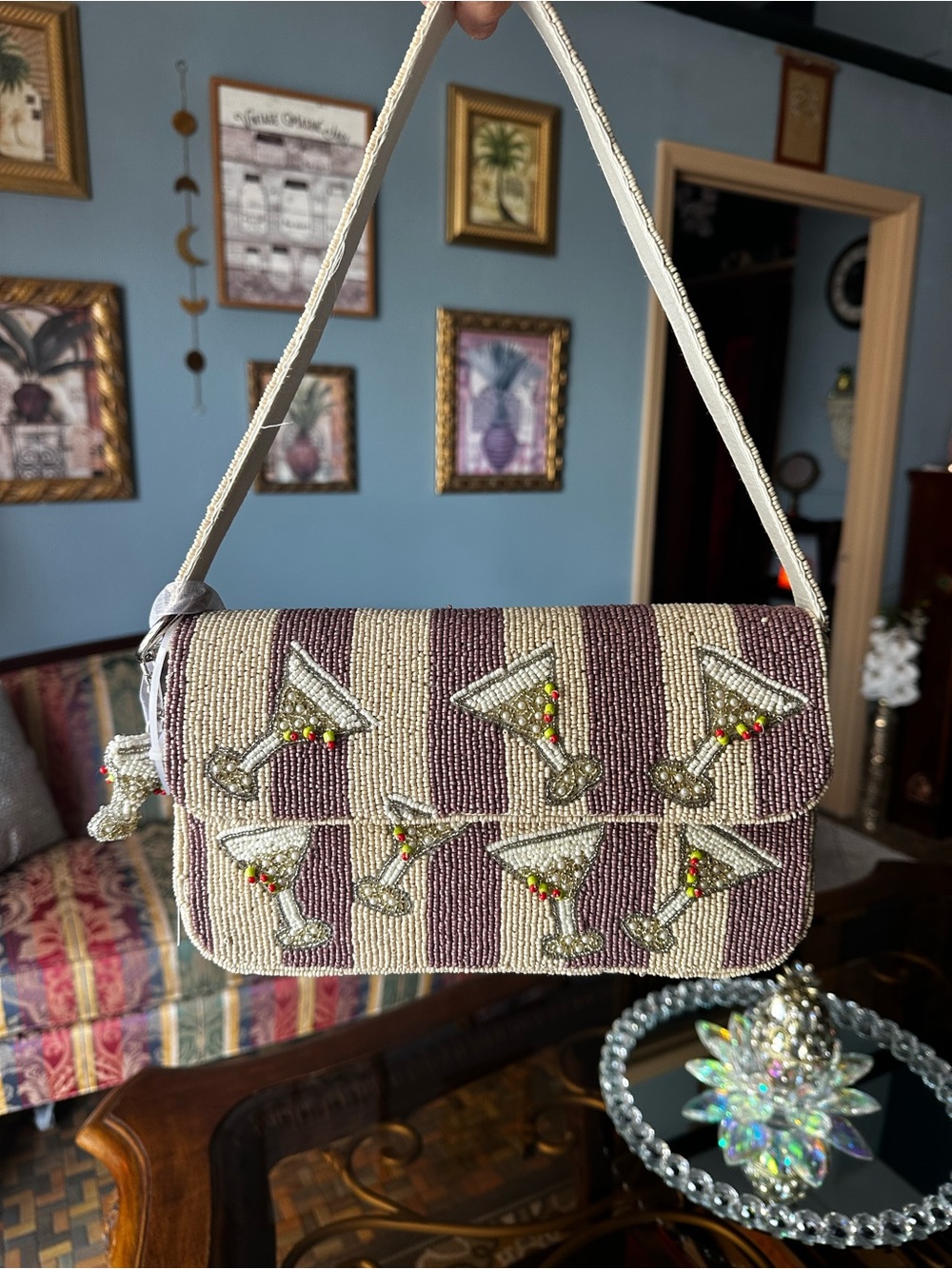 Made in India Purple and Cream Striped MartiniBeaded Bag in Hand-beaded Satchel